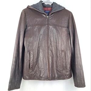 Vintage Ann Taylor Brown Leather Jacket, 1990's, Fleece lined hood, sz M